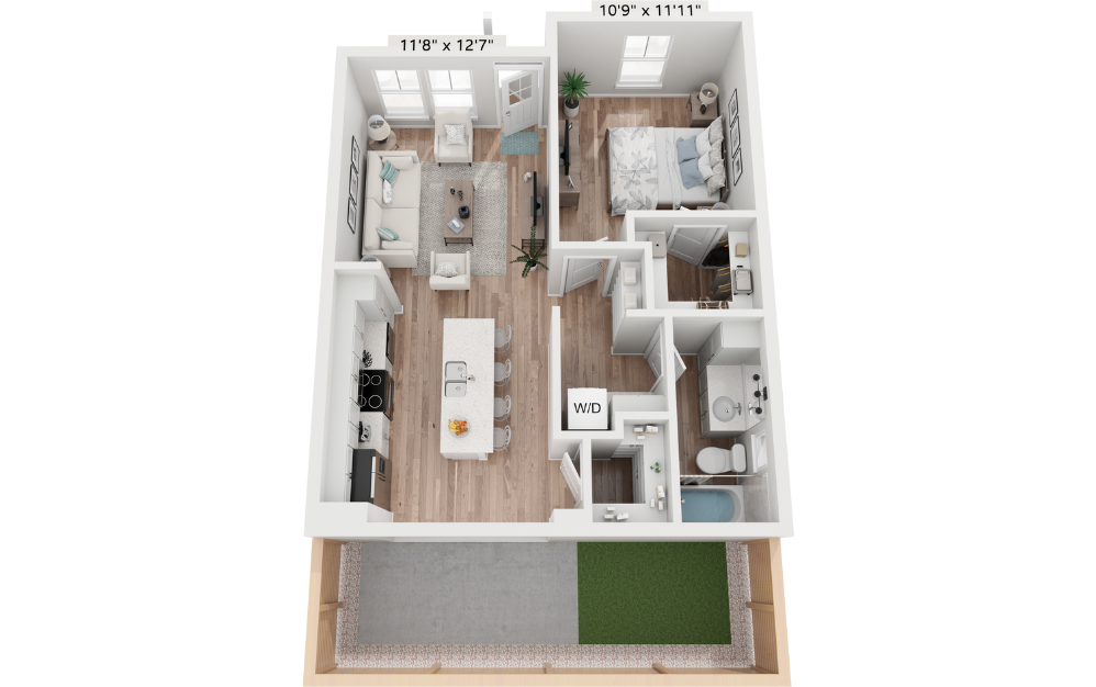 one bedroom home with white countertops and hardwood style floors