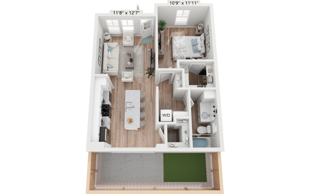 one bedroom home with white countertops and hardwood style floors